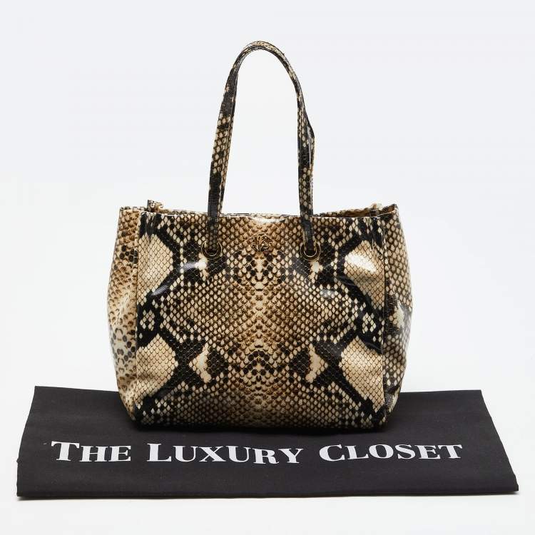 Pre Owned Roberto Cavalli Beige/Brown Snakeskin Print Coated Canvas Tote