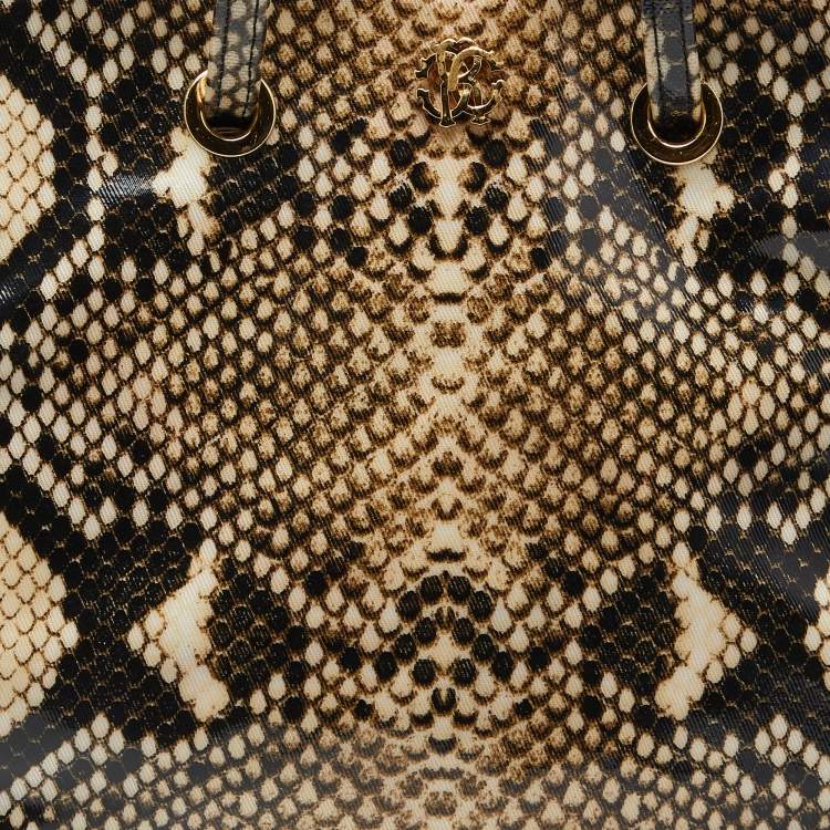 Pre Owned Roberto Cavalli Beige/Brown Snakeskin Print Coated Canvas Tote