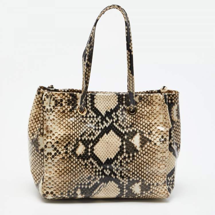 Pre Owned Roberto Cavalli Beige/Brown Snakeskin Print Coated Canvas Tote