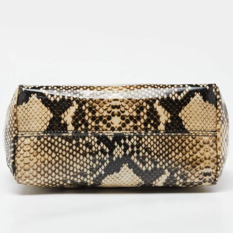 Pre Owned Roberto Cavalli Beige/Brown Snakeskin Print Coated Canvas Tote
