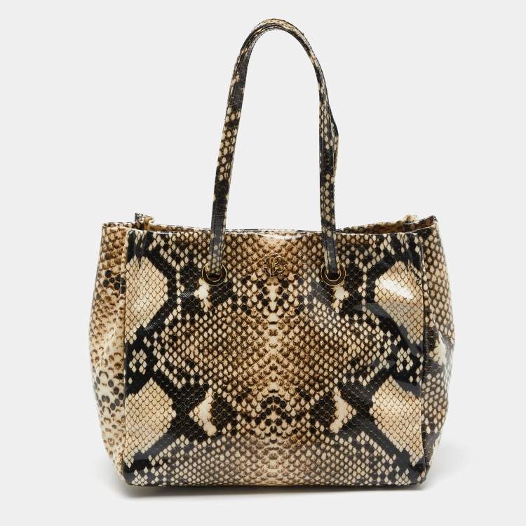 Pre Owned Roberto Cavalli Beige/Brown Snakeskin Print Coated Canvas Tote