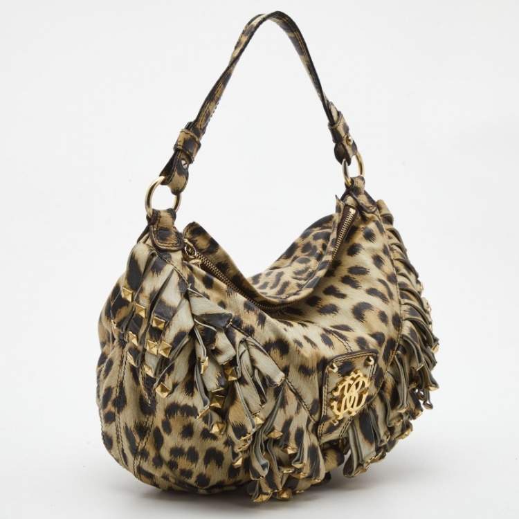 Pre Owned Roberto Cavalli Cream/Black Leopard Print Leather Studded Fringe Hobo