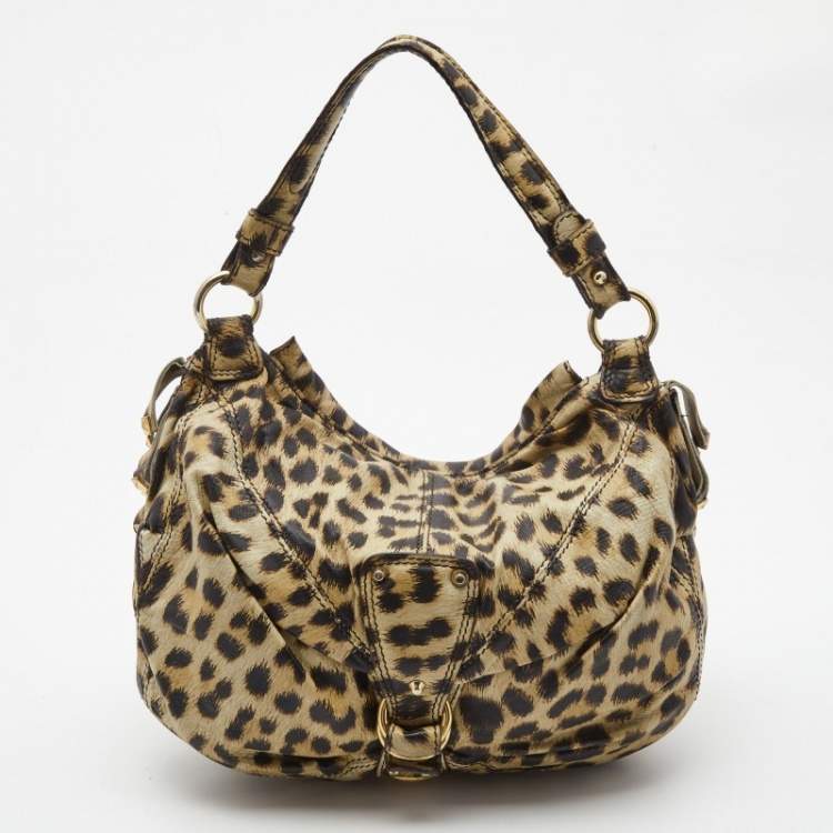 Pre Owned Roberto Cavalli Cream/Black Leopard Print Leather Studded Fringe Hobo
