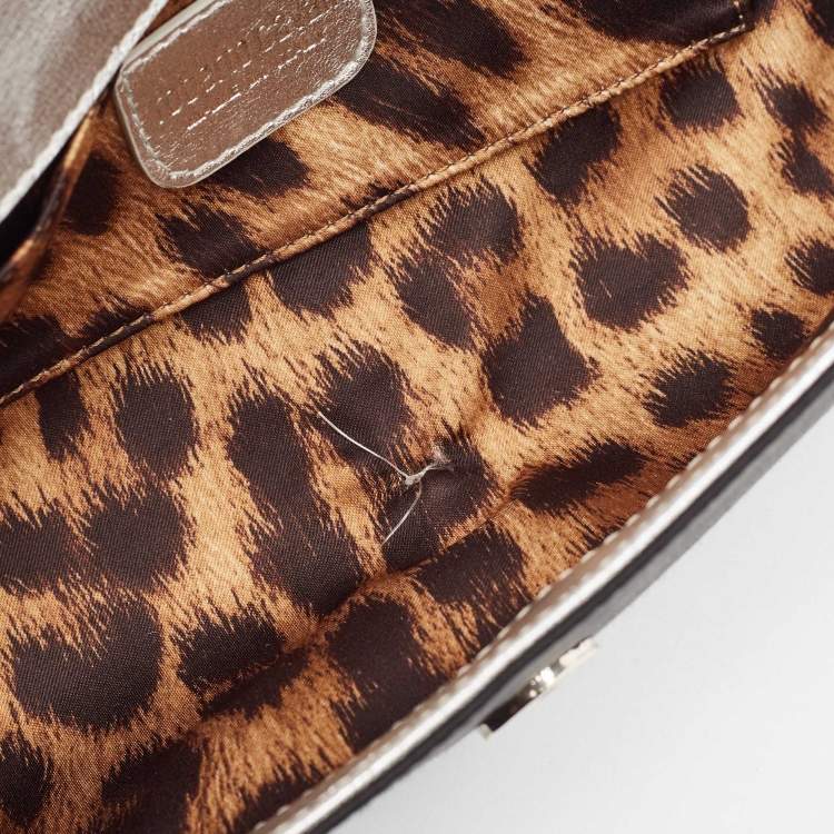 Pre Owned Roberto Cavalli Black/Silver Satin and Leather Snake Embellished Chain Clutch