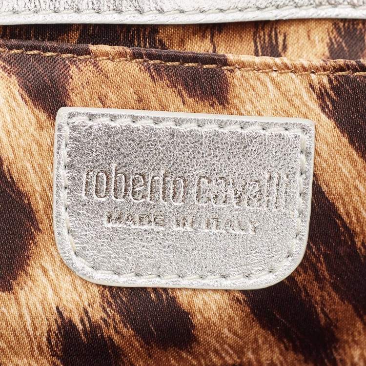 Pre Owned Roberto Cavalli Black/Silver Satin and Leather Snake Embellished Chain Clutch