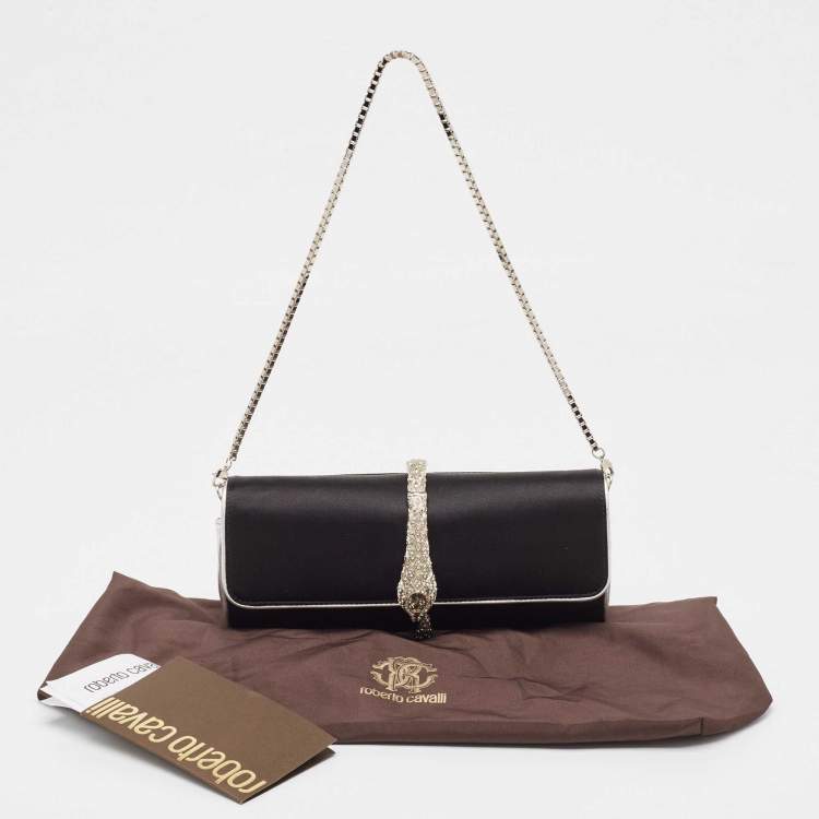 Pre Owned Roberto Cavalli Black/Silver Satin and Leather Snake Embellished Chain Clutch