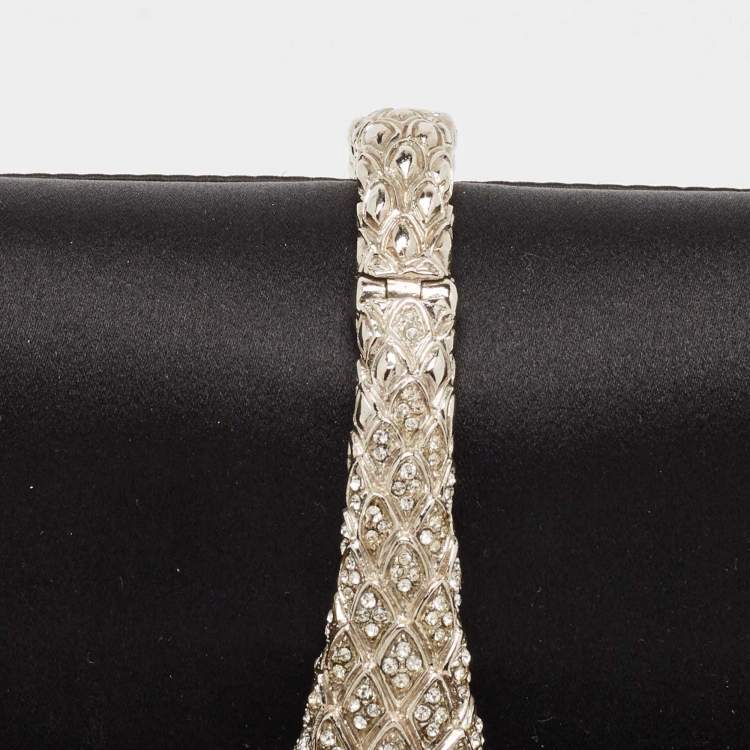 Pre Owned Roberto Cavalli Black/Silver Satin and Leather Snake Embellished Chain Clutch