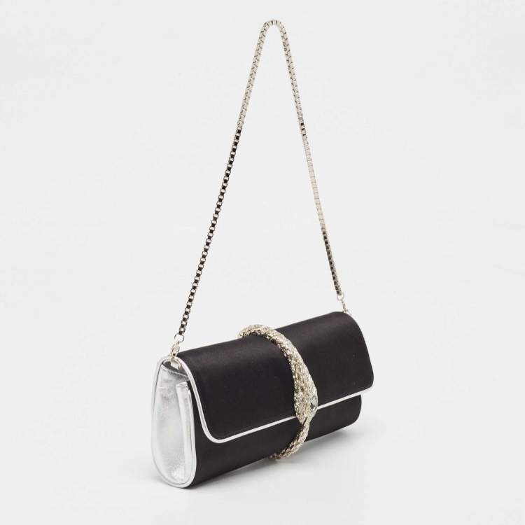 Pre Owned Roberto Cavalli Black/Silver Satin and Leather Snake Embellished Chain Clutch