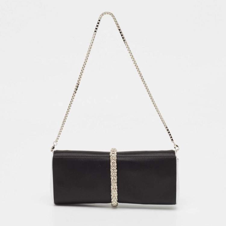 Pre Owned Roberto Cavalli Black/Silver Satin and Leather Snake Embellished Chain Clutch