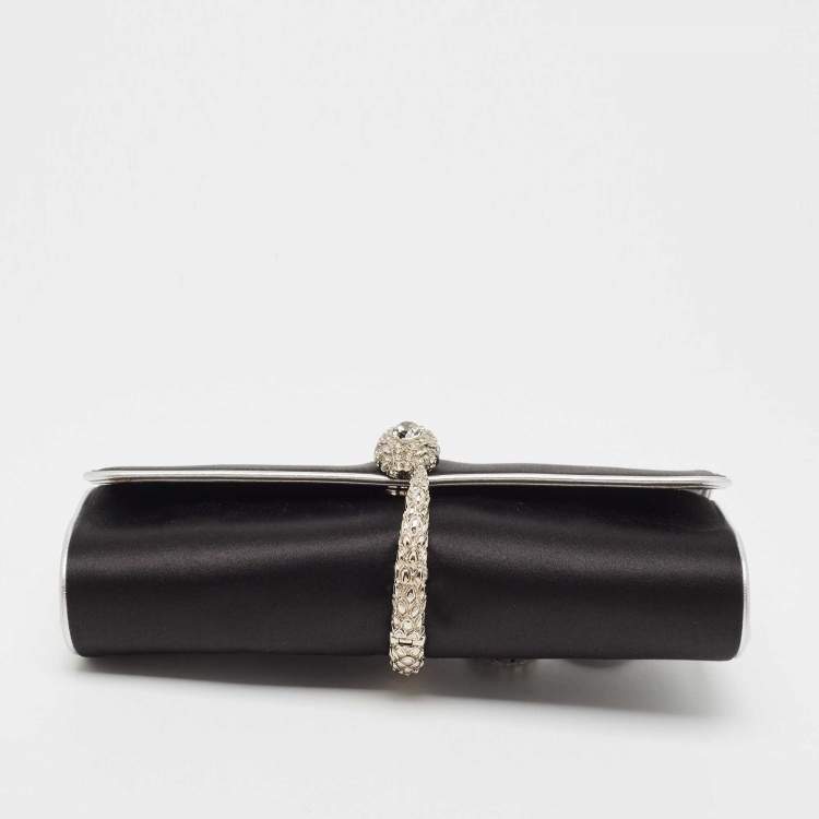 Pre Owned Roberto Cavalli Black/Silver Satin and Leather Snake Embellished Chain Clutch