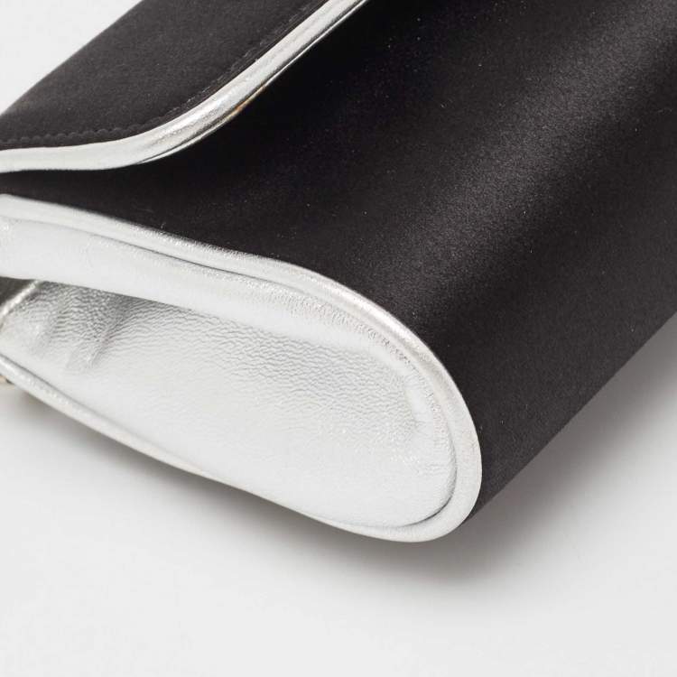 Pre Owned Roberto Cavalli Black/Silver Satin and Leather Snake Embellished Chain Clutch