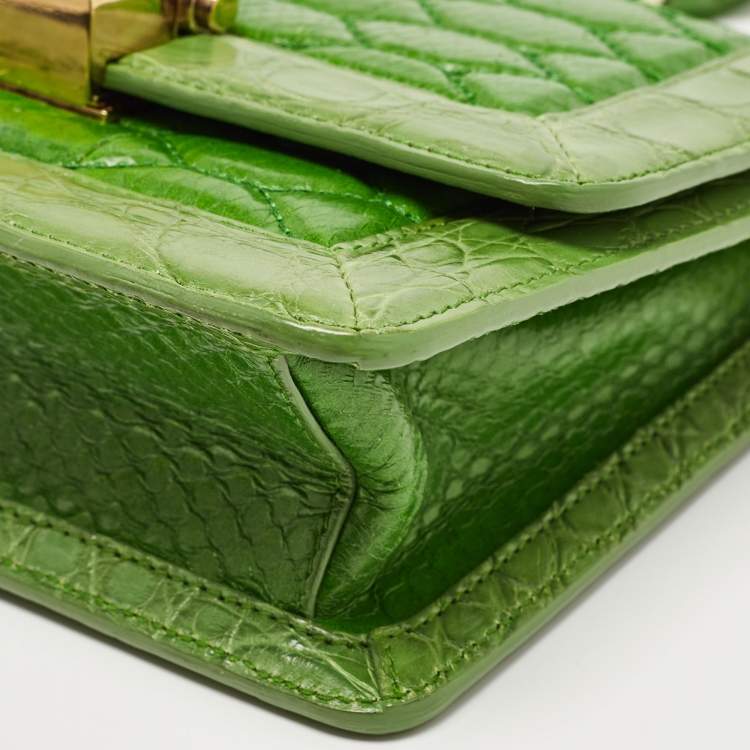 Pre Owned Roberto Cavalli Green Croc and Snakeskin Flap Chain Bag 