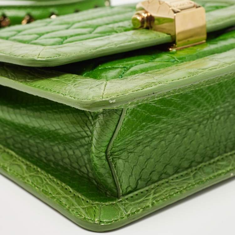 Pre Owned Roberto Cavalli Green Croc and Snakeskin Flap Chain Bag 