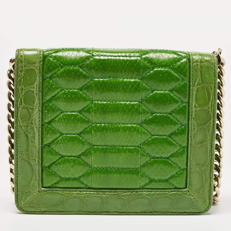 Pre Owned Roberto Cavalli Green Croc and Snakeskin Flap Chain Bag 
