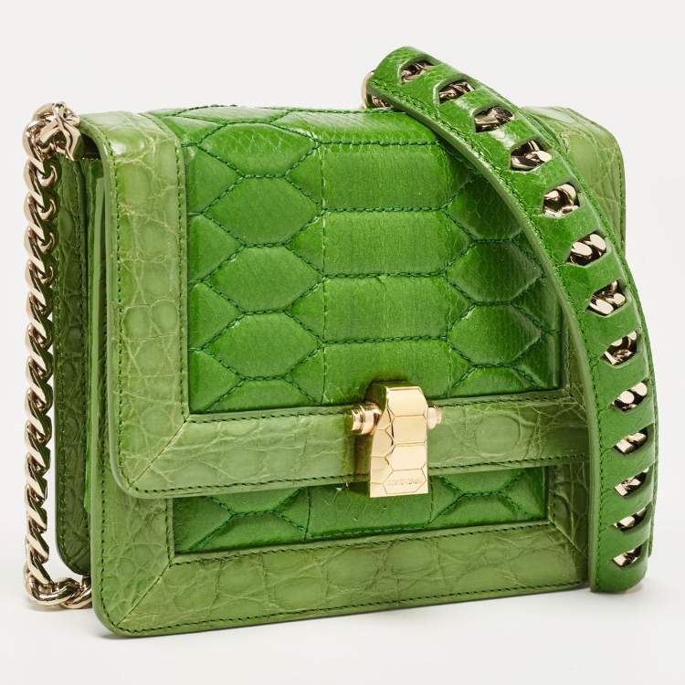 Pre Owned Roberto Cavalli Green Croc and Snakeskin Flap Chain Bag 