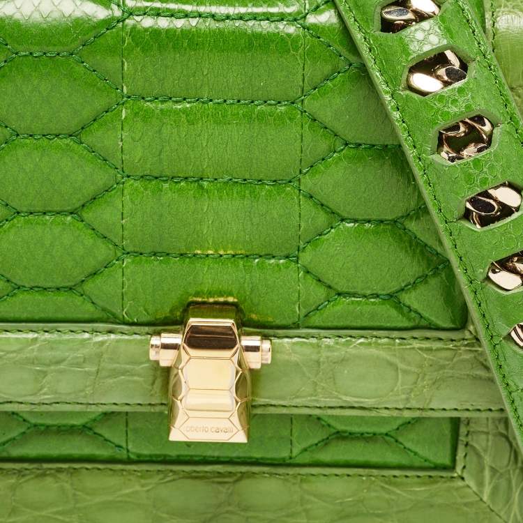 Pre Owned Roberto Cavalli Green Croc and Snakeskin Flap Chain Bag 