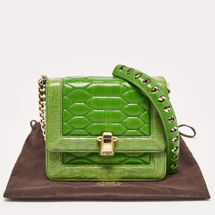 Pre Owned Roberto Cavalli Green Croc and Snakeskin Flap Chain Bag 