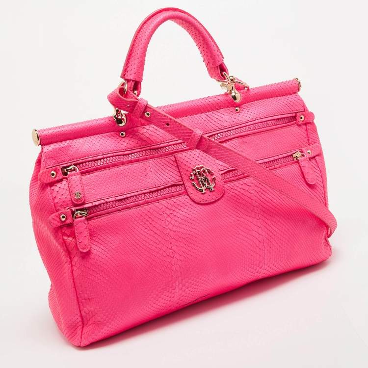 Pre Owned Roberto Cavalli Neon Pink Snakeskin Diva Top Handle Bag