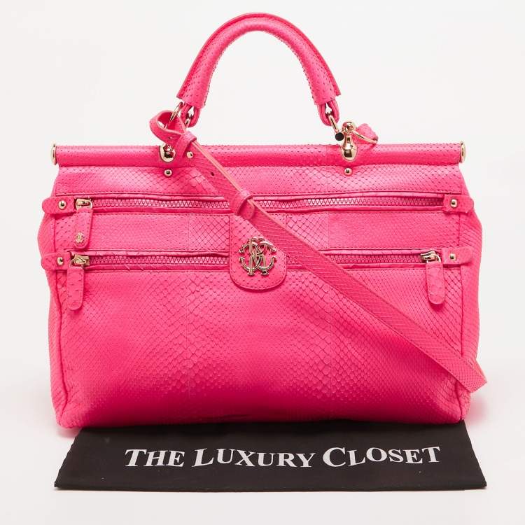Pre Owned Roberto Cavalli Neon Pink Snakeskin Diva Top Handle Bag