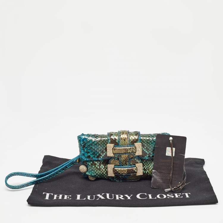 Pre Owned Roberto Cavalli Blue/Green Python Mini Buckle Crystals Pouch