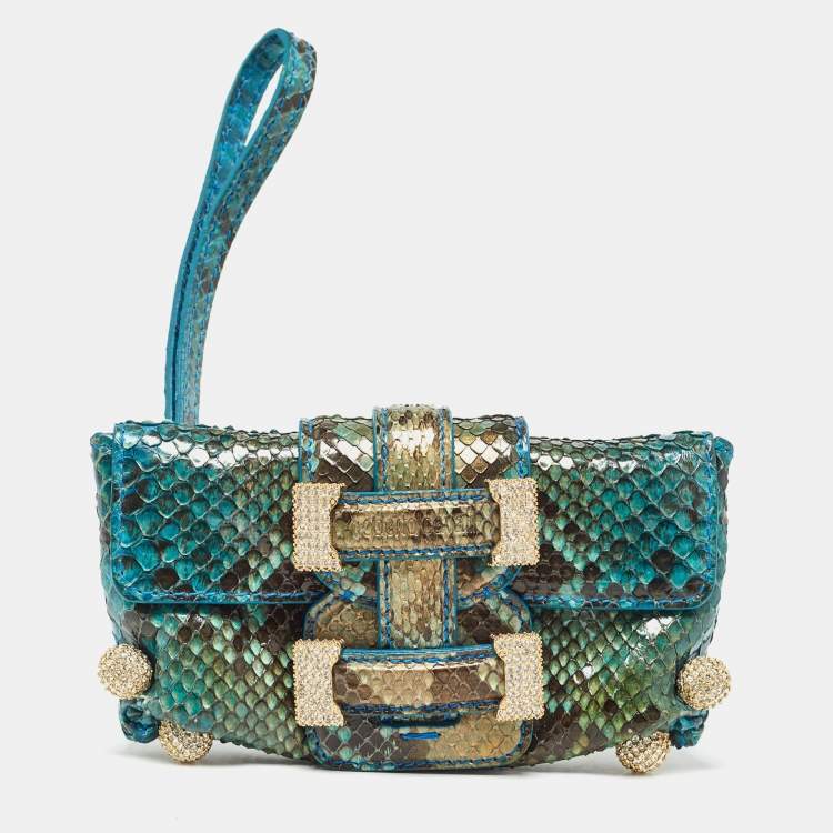 Pre Owned Roberto Cavalli Blue/Green Python Mini Buckle Crystals Pouch