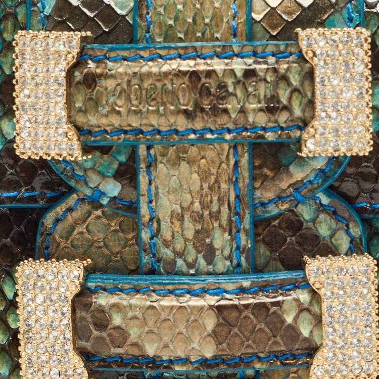 Pre Owned Roberto Cavalli Blue/Green Python Mini Buckle Crystals Pouch