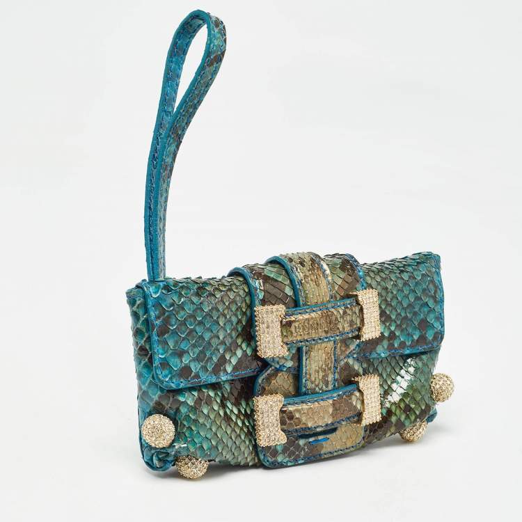 Pre Owned Roberto Cavalli Blue/Green Python Mini Buckle Crystals Pouch