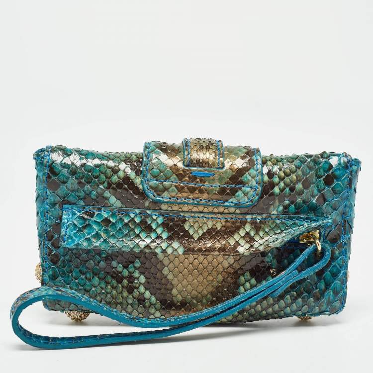Pre Owned Roberto Cavalli Blue/Green Python Mini Buckle Crystals Pouch