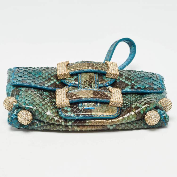 Pre Owned Roberto Cavalli Blue/Green Python Mini Buckle Crystals Pouch