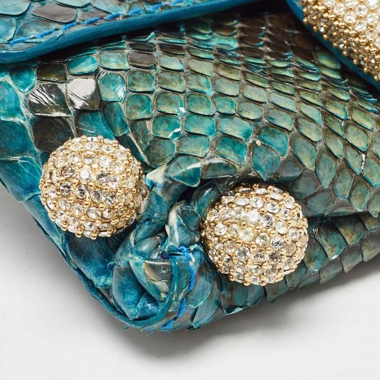Pre Owned Roberto Cavalli Blue/Green Python Mini Buckle Crystals Pouch