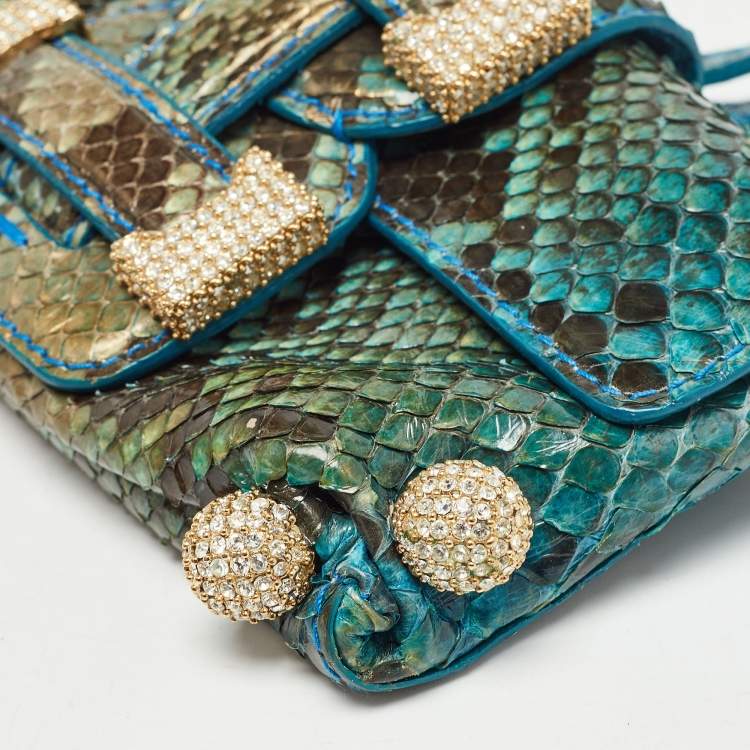 Pre Owned Roberto Cavalli Blue/Green Python Mini Buckle Crystals Pouch