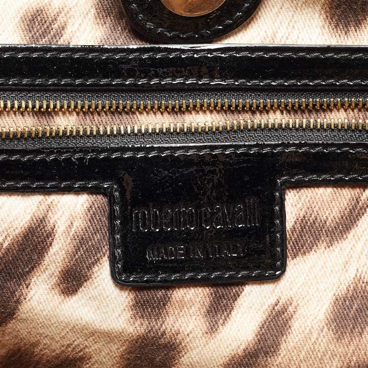 Pre Owned Roberto Cavalli Black Patent Leather Logo Tote