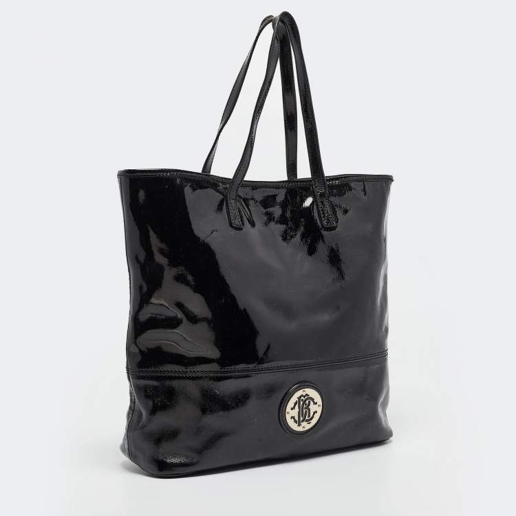 Pre Owned Roberto Cavalli Black Patent Leather Logo Tote