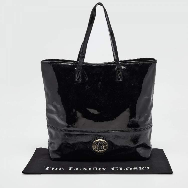 Pre Owned Roberto Cavalli Black Patent Leather Logo Tote