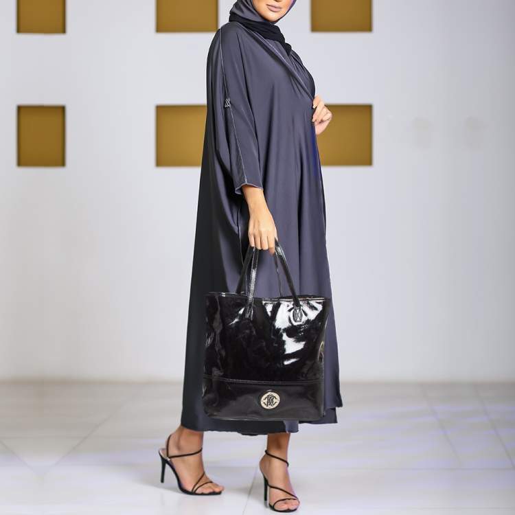 Pre Owned Roberto Cavalli Black Patent Leather Logo Tote