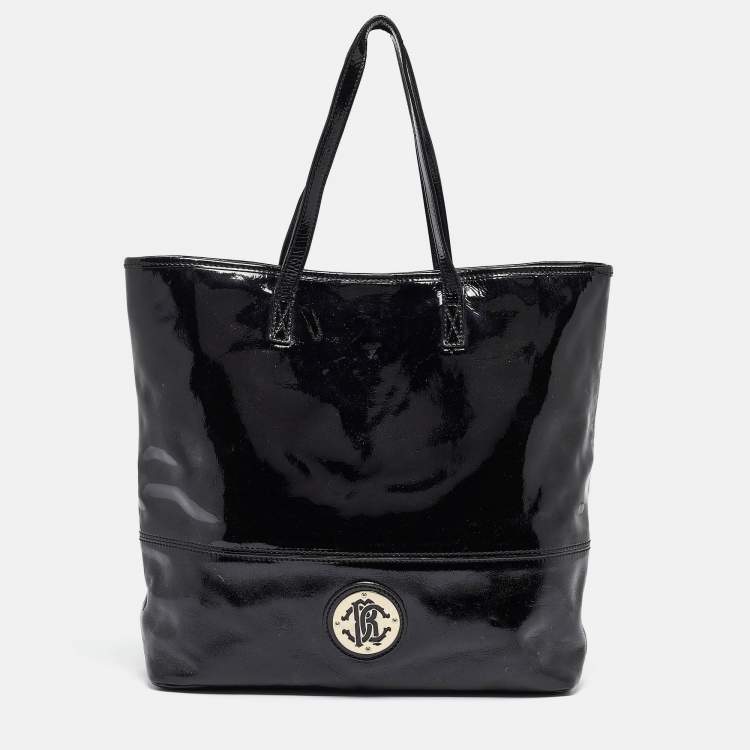 Pre Owned Roberto Cavalli Black Patent Leather Logo Tote