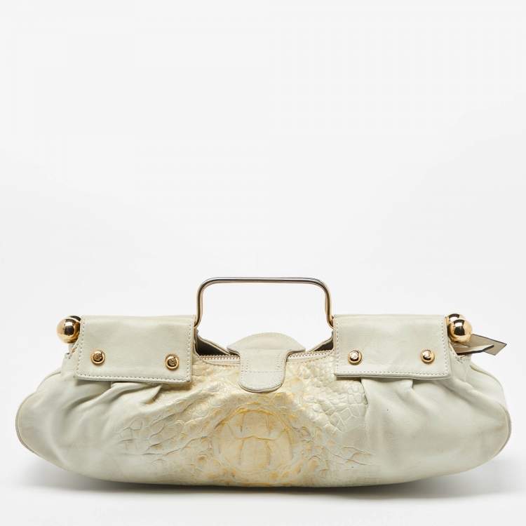 Pre Owned Roberto Cavalli Cream Leather Metal Frame Clutch