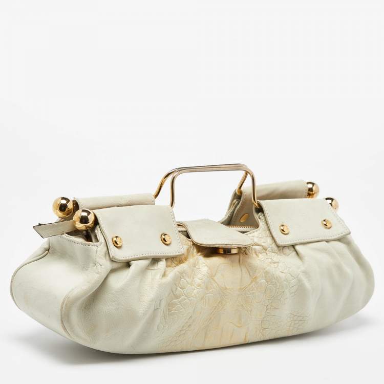Pre Owned Roberto Cavalli Cream Leather Metal Frame Clutch