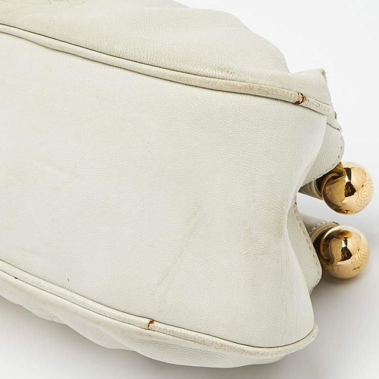 Pre Owned Roberto Cavalli Cream Leather Metal Frame Clutch