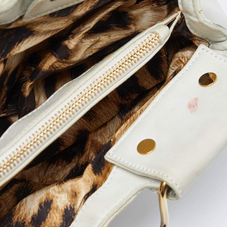 Pre Owned Roberto Cavalli Cream Leather Metal Frame Clutch
