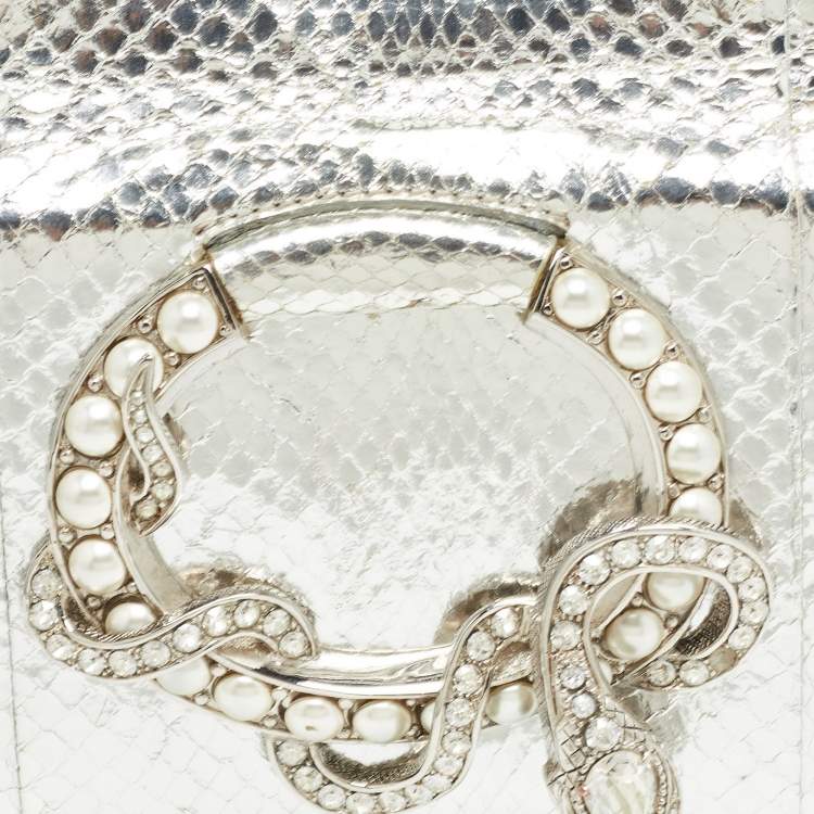 Pre Owned Roberto Cavalli Silver Laminated Snakeskin Leather Embellished Shoulder Bag