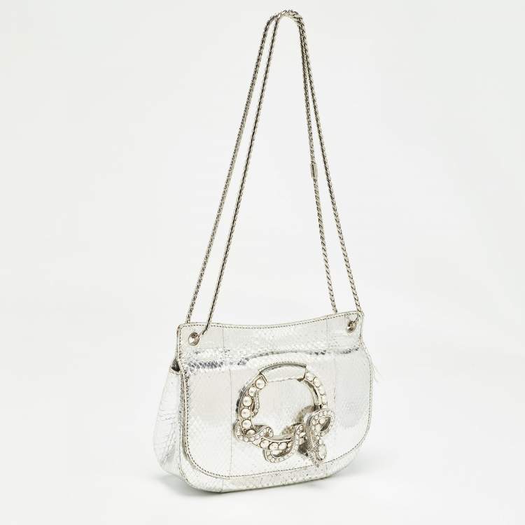 Pre Owned Roberto Cavalli Silver Laminated Snakeskin Leather Embellished Shoulder Bag
