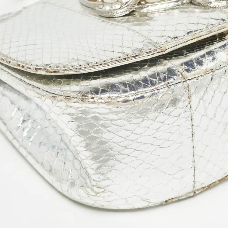 Pre Owned Roberto Cavalli Silver Laminated Snakeskin Leather Embellished Shoulder Bag