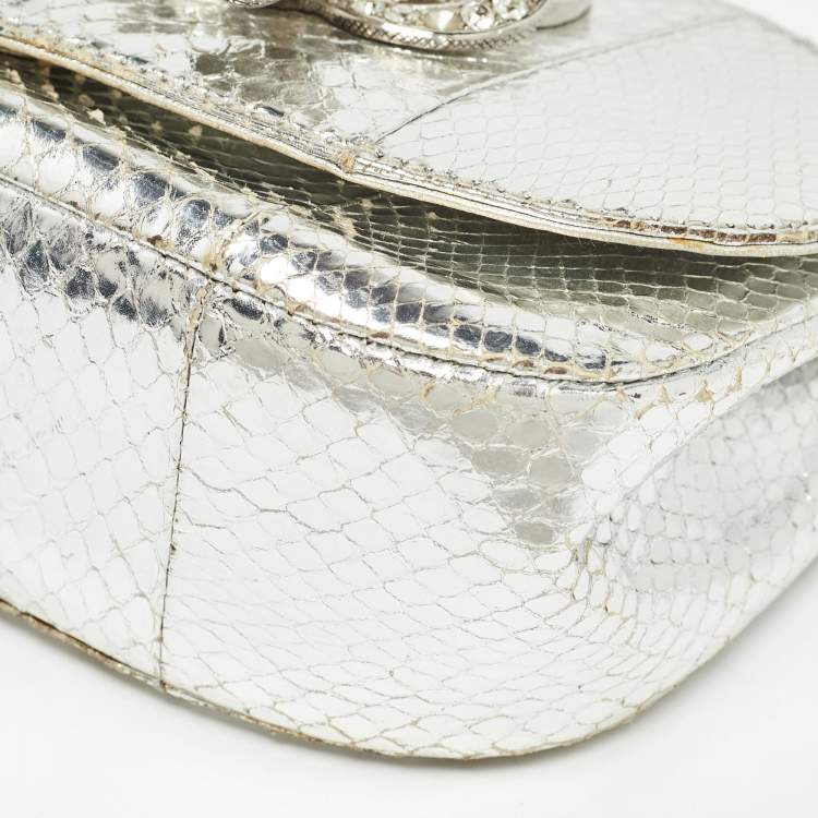 Pre Owned Roberto Cavalli Silver Laminated Snakeskin Leather Embellished Shoulder Bag