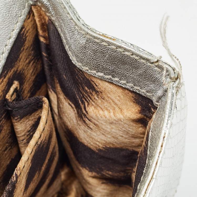 Pre Owned Roberto Cavalli Silver Laminated Snakeskin Leather Embellished Shoulder Bag