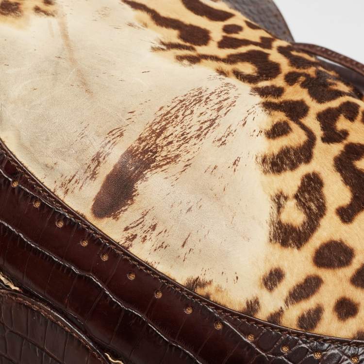 Pre Owned Roberto Cavalli Brown Leopard Print/Croc Embossed Leather and Calf Hair Drawstring Hobo