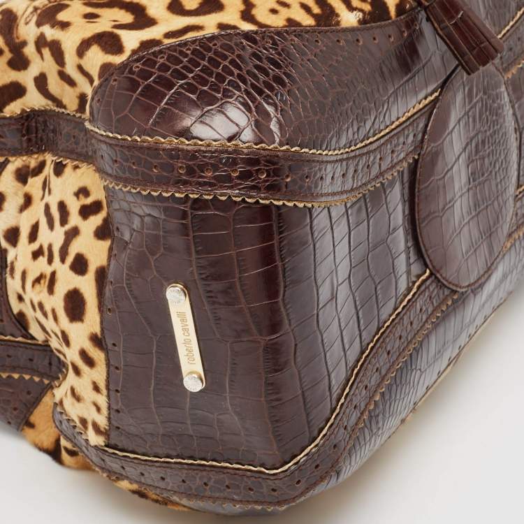 Pre Owned Roberto Cavalli Brown Leopard Print/Croc Embossed Leather and Calf Hair Drawstring Hobo