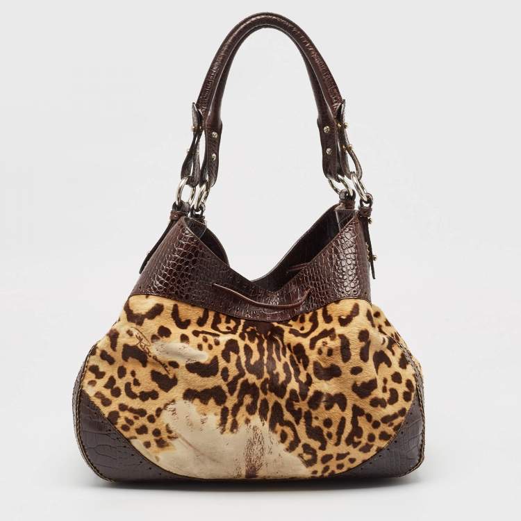 Pre Owned Roberto Cavalli Brown Leopard Print/Croc Embossed Leather and Calf Hair Drawstring Hobo