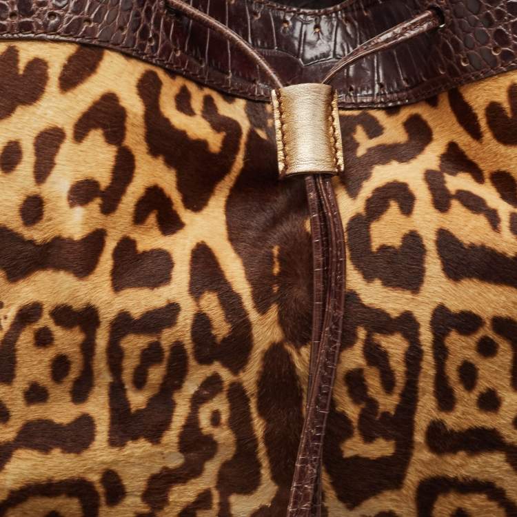 Pre Owned Roberto Cavalli Brown Leopard Print/Croc Embossed Leather and Calf Hair Drawstring Hobo
