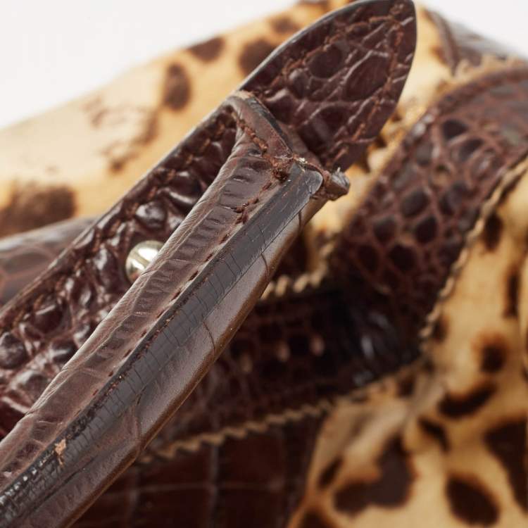 Pre Owned Roberto Cavalli Brown Leopard Print/Croc Embossed Leather and Calf Hair Drawstring Hobo